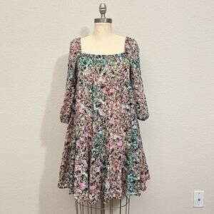 J.CREW Beach Mini Dress Watercolor Floral Puff Sleeve Cotton Bohemian